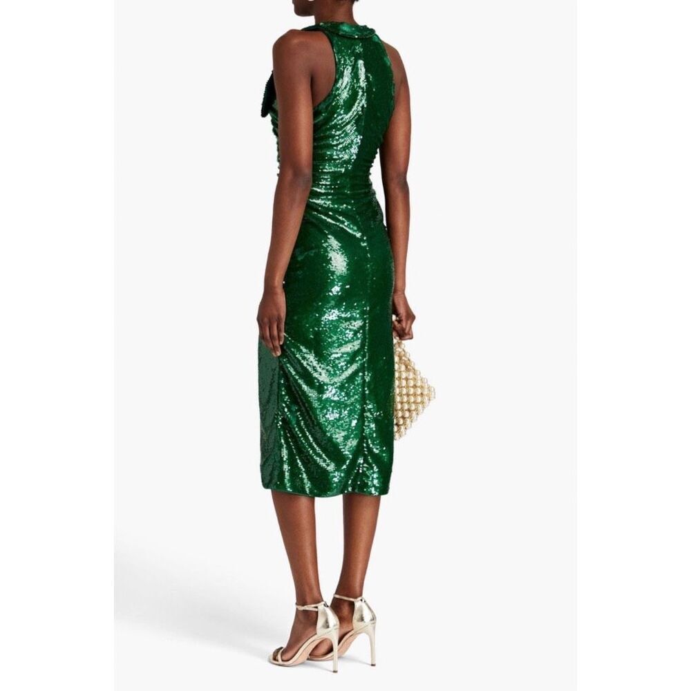 NWT Ganni Kelly Green Sequin Halter Midi Dress Ruched Jewel Button Party 36 US 4 - Picture 3 of 10